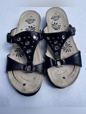Abeo Black Leather Rhinestone Comfort Sandals Footbed Slides Women 7